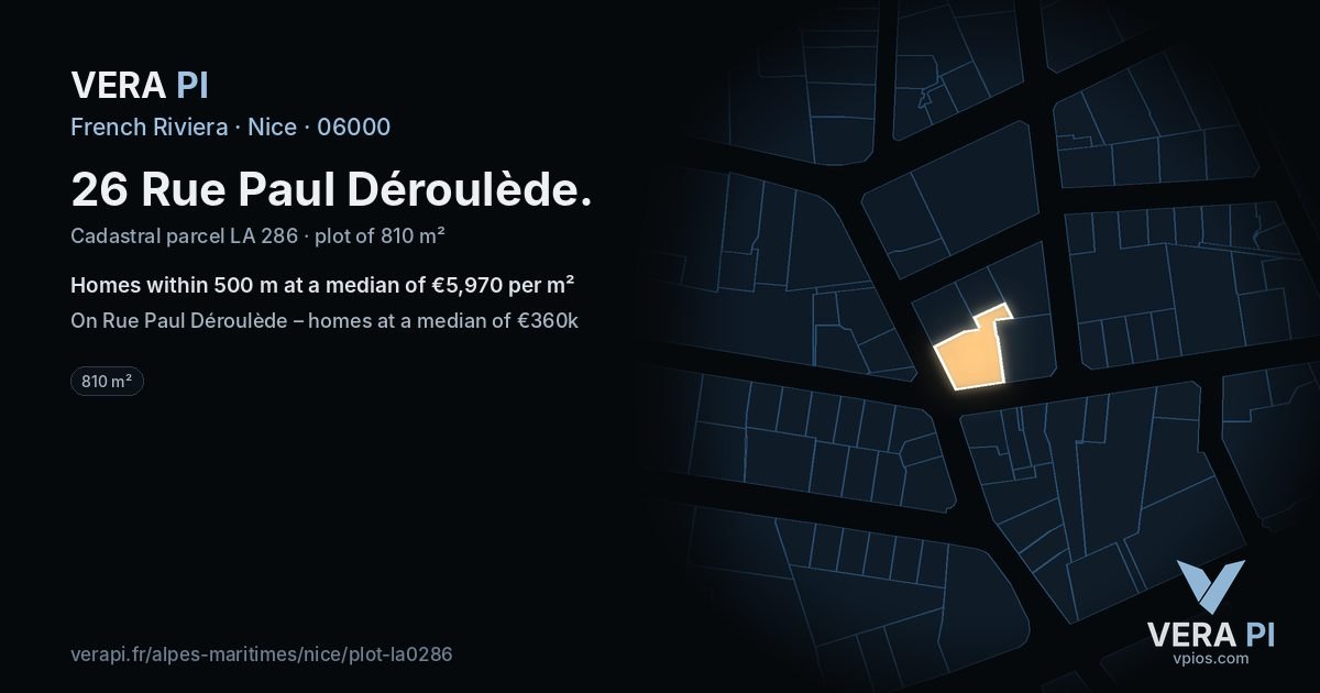 26 Rue Paul Déroulède, Nice at night – the plot lit, the parcels around coloured by the prices near them
