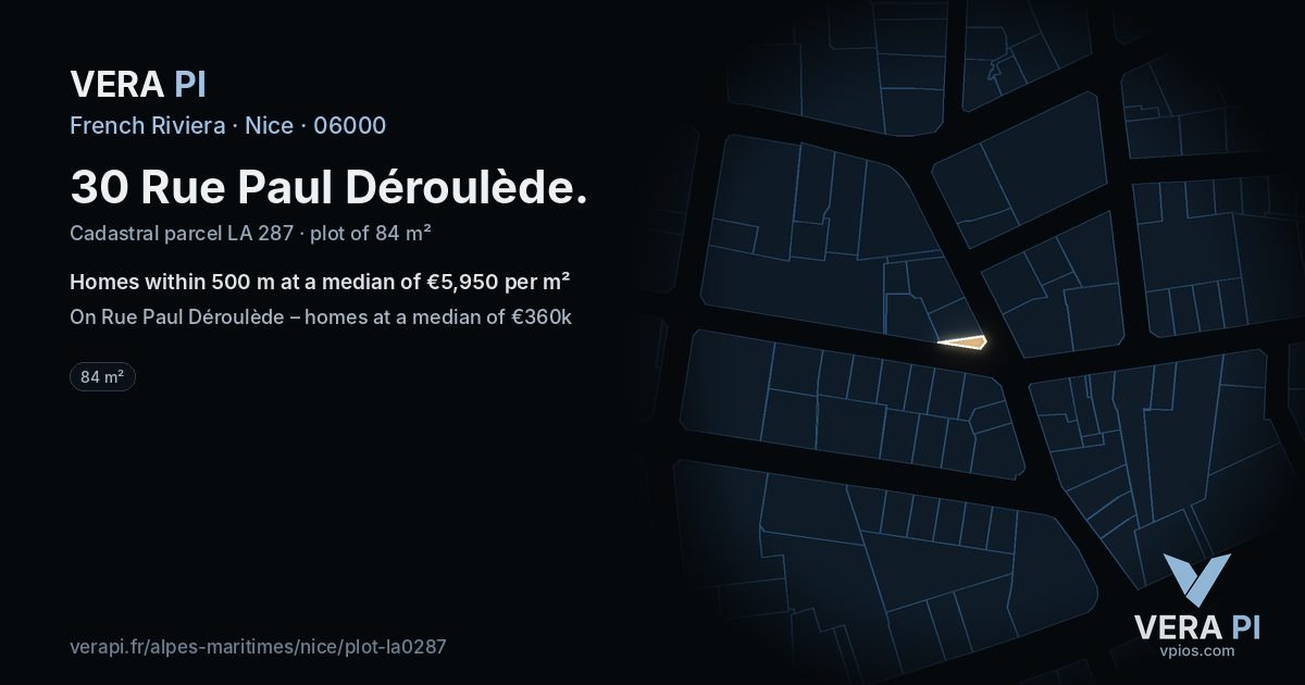30 Rue Paul Déroulède, Nice at night – the plot lit, the parcels around coloured by the prices near them