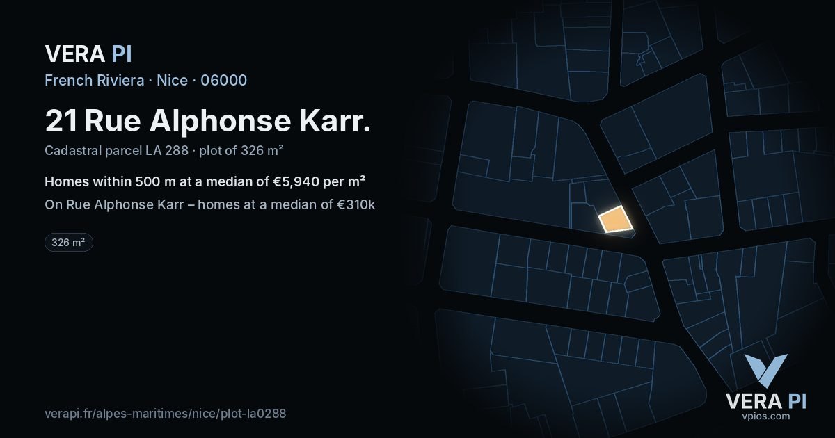 21 Rue Alphonse Karr, Nice at night – the plot lit, the parcels around coloured by the prices near them