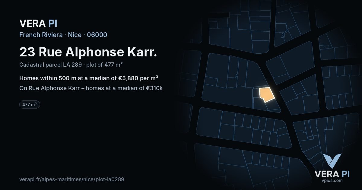 23 Rue Alphonse Karr, Nice at night – the plot lit, the parcels around coloured by the prices near them