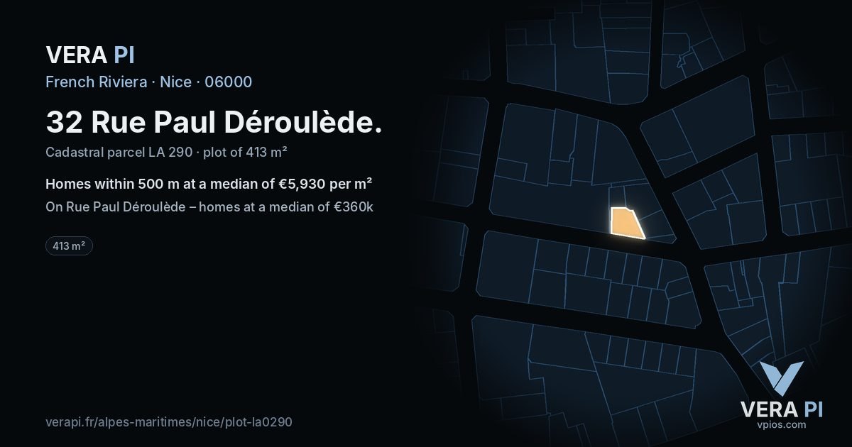 32 Rue Paul Déroulède, Nice at night – the plot lit, the parcels around coloured by the prices near them