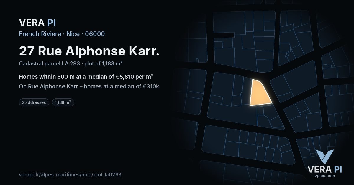 27 Rue Alphonse Karr, Nice at night – the plot lit, the parcels around coloured by the prices near them