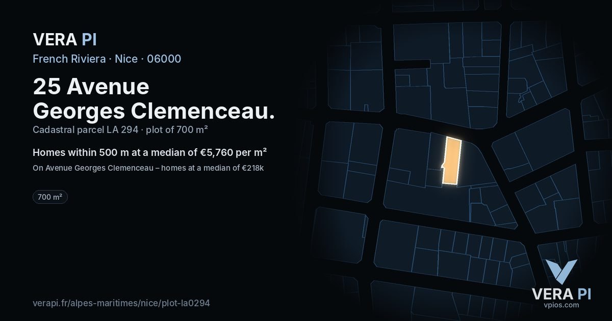 25 Avenue Georges Clemenceau, Nice at night – the plot lit, the parcels around coloured by the prices near them