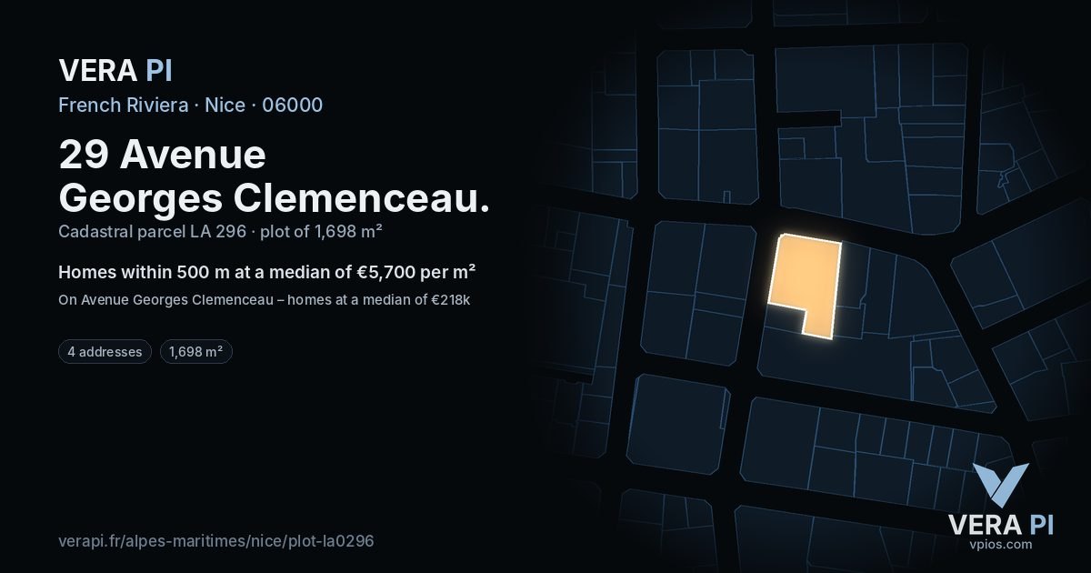 29 Avenue Georges Clemenceau, Nice at night – the plot lit, the parcels around coloured by the prices near them