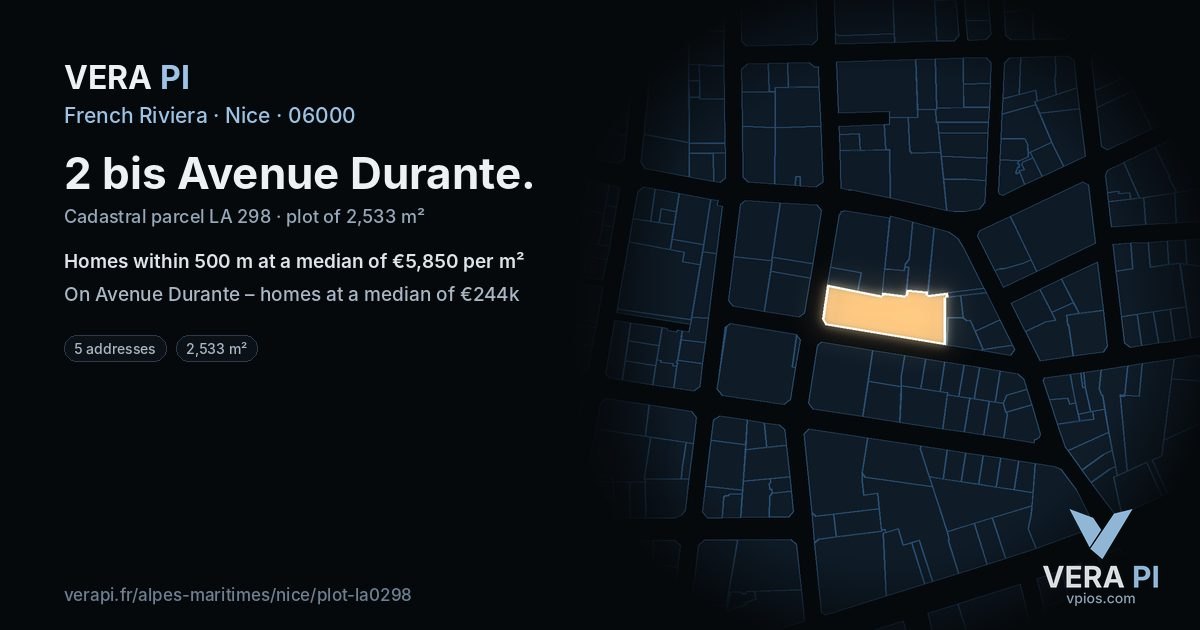 2 bis Avenue Durante, Nice at night – the plot lit, the parcels around coloured by the prices near them