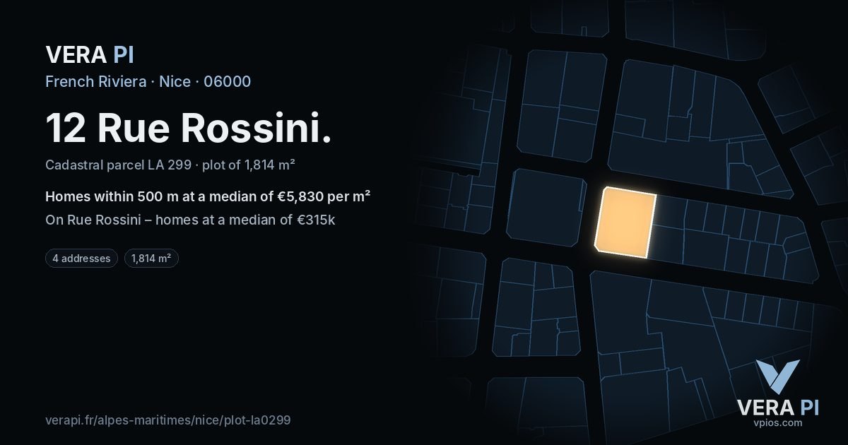 12 Rue Rossini, Nice at night – the plot lit, the parcels around coloured by the prices near them