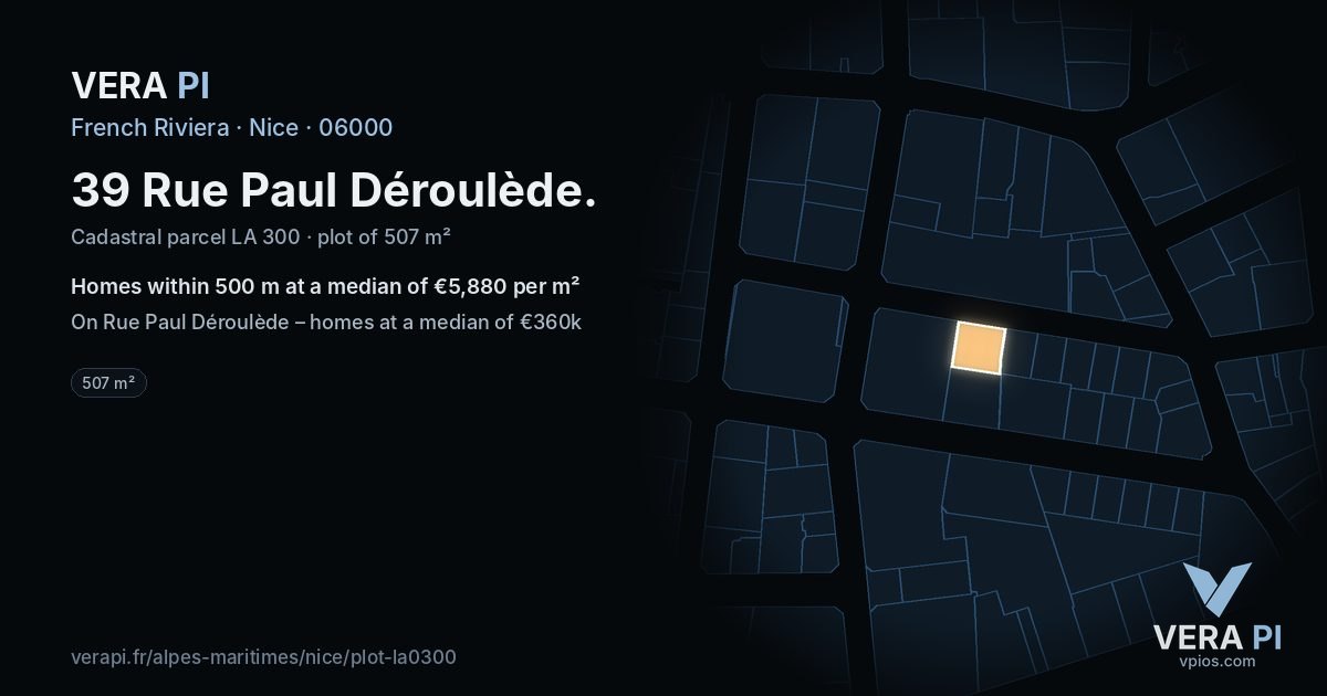 39 Rue Paul Déroulède, Nice at night – the plot lit, the parcels around coloured by the prices near them