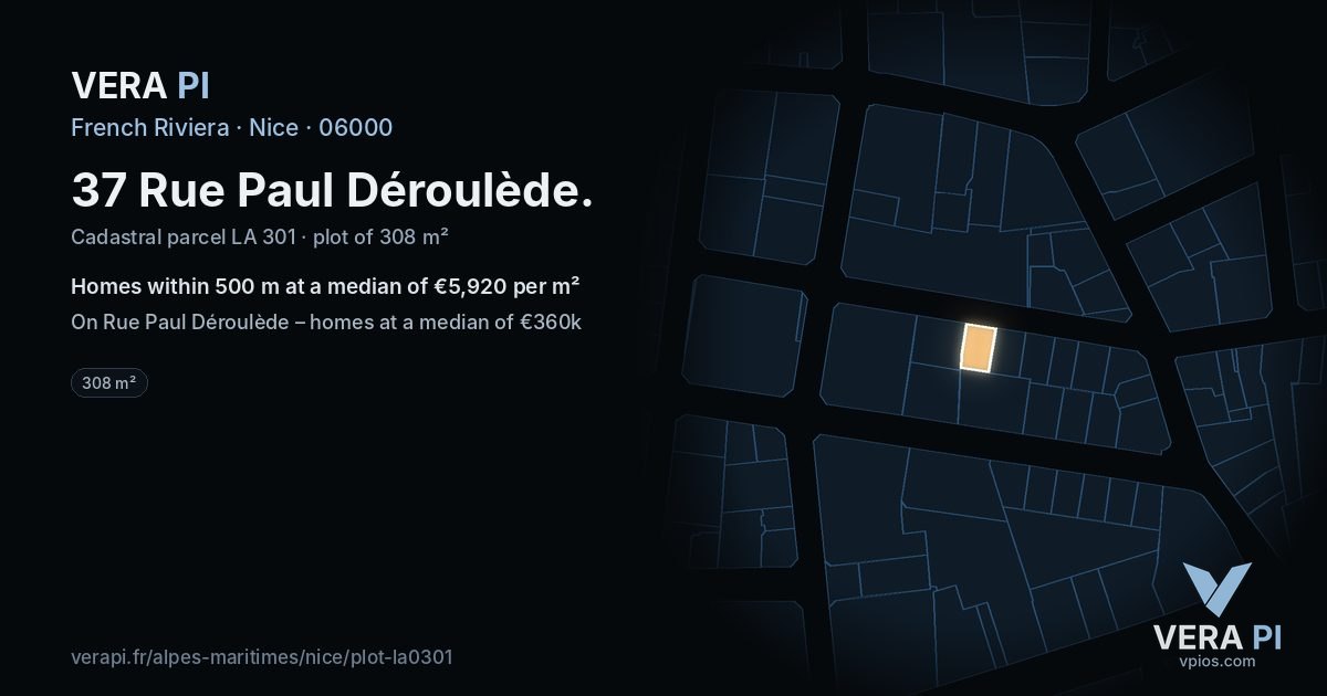 37 Rue Paul Déroulède, Nice at night – the plot lit, the parcels around coloured by the prices near them
