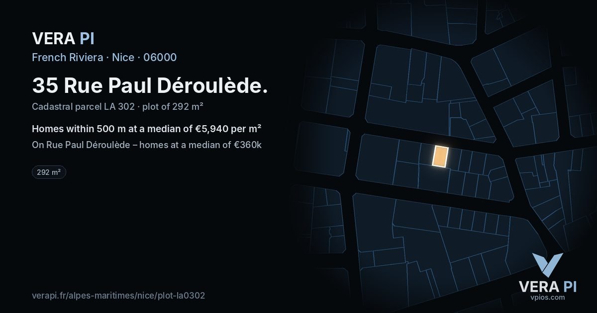 35 Rue Paul Déroulède, Nice at night – the plot lit, the parcels around coloured by the prices near them