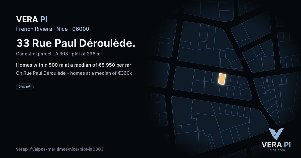 33 Rue Paul Déroulède, Nice at night – the plot lit, the parcels around coloured by the prices near them