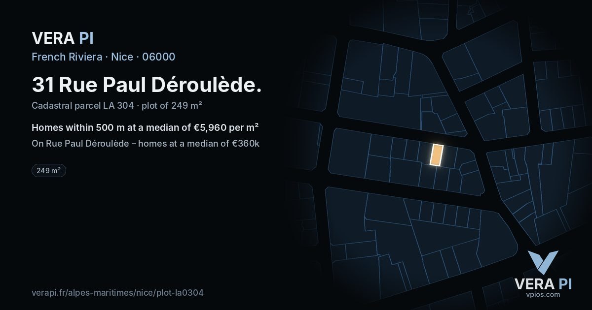 31 Rue Paul Déroulède, Nice at night – the plot lit, the parcels around coloured by the prices near them