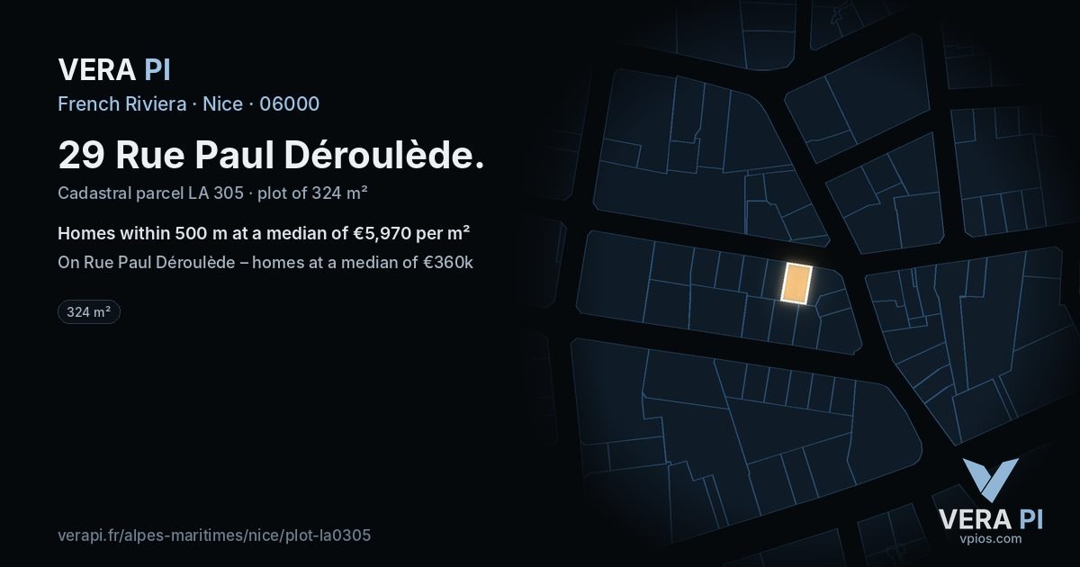 29 Rue Paul Déroulède, Nice at night – the plot lit, the parcels around coloured by the prices near them