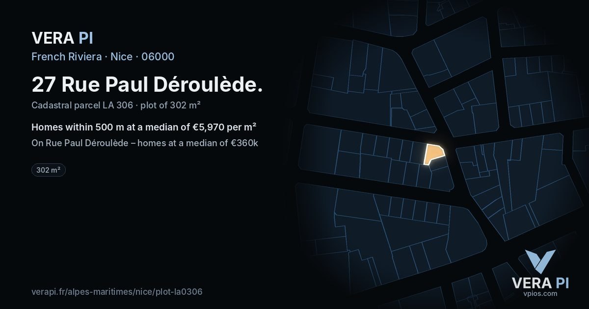 27 Rue Paul Déroulède, Nice at night – the plot lit, the parcels around coloured by the prices near them