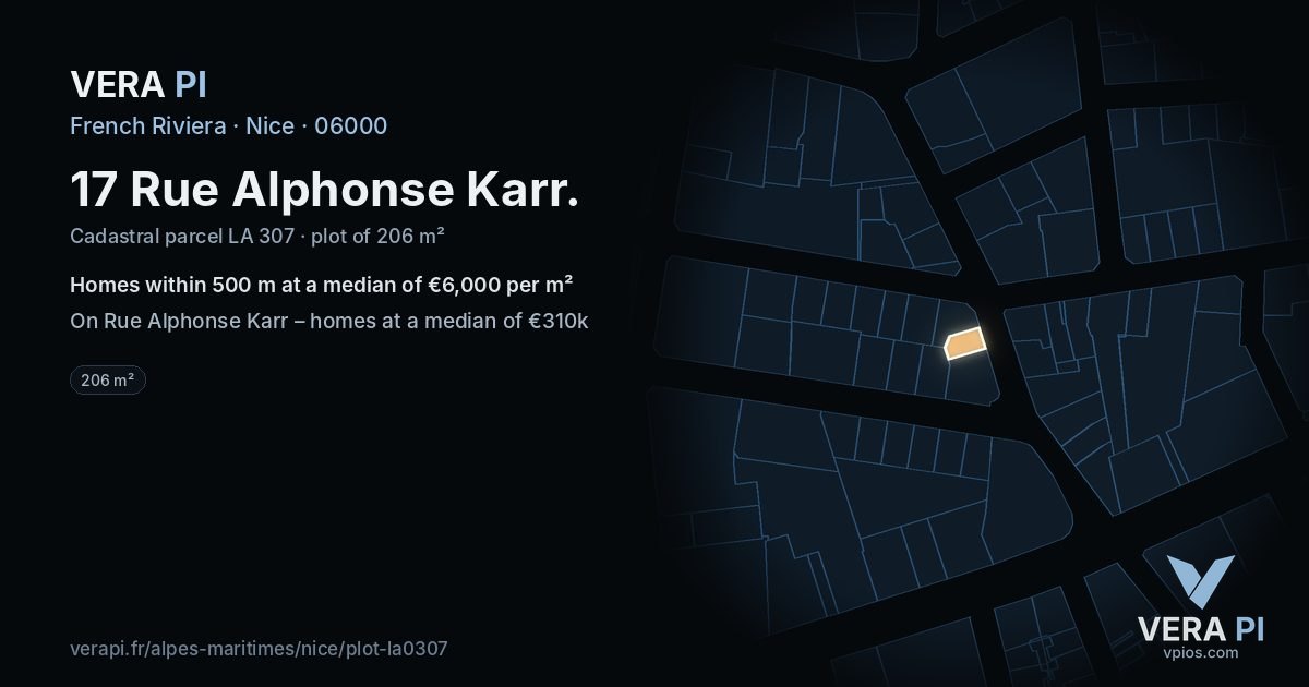 17 Rue Alphonse Karr, Nice at night – the plot lit, the parcels around coloured by the prices near them