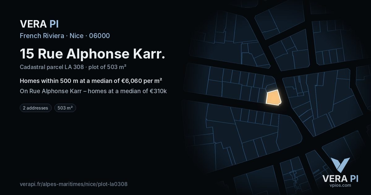 15 Rue Alphonse Karr, Nice at night – the plot lit, the parcels around coloured by the prices near them