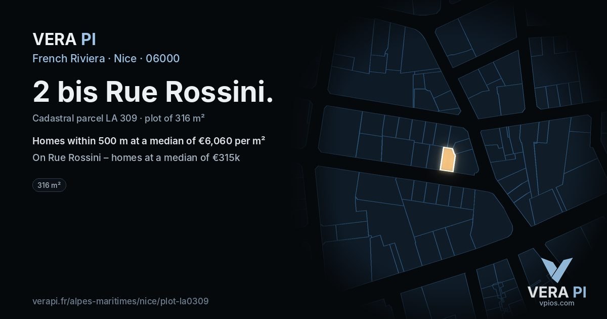 2 bis Rue Rossini, Nice at night – the plot lit, the parcels around coloured by the prices near them