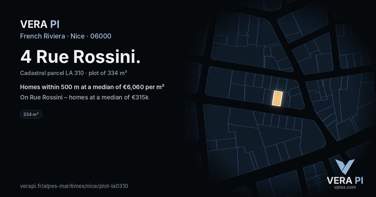 4 Rue Rossini, Nice at night – the plot lit, the parcels around coloured by the prices near them