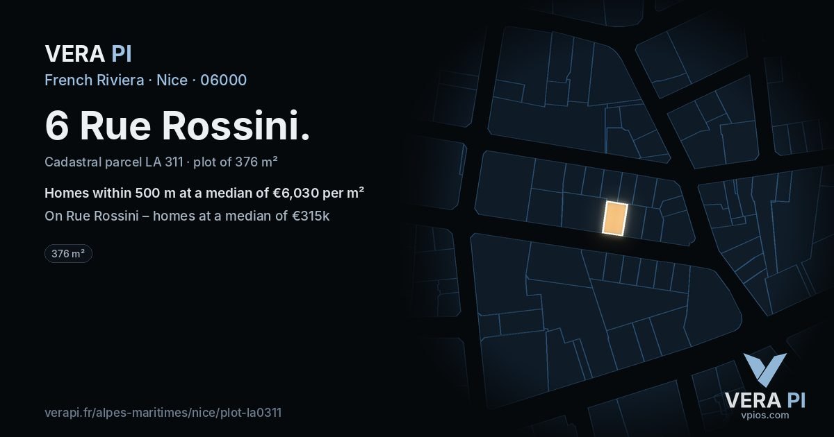 6 Rue Rossini, Nice at night – the plot lit, the parcels around coloured by the prices near them