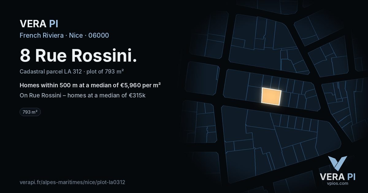 8 Rue Rossini, Nice at night – the plot lit, the parcels around coloured by the prices near them