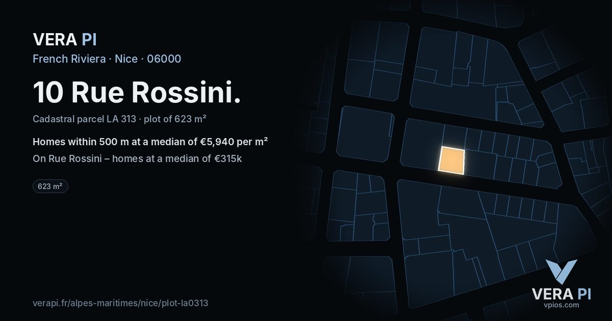 10 Rue Rossini, Nice at night – the plot lit, the parcels around coloured by the prices near them