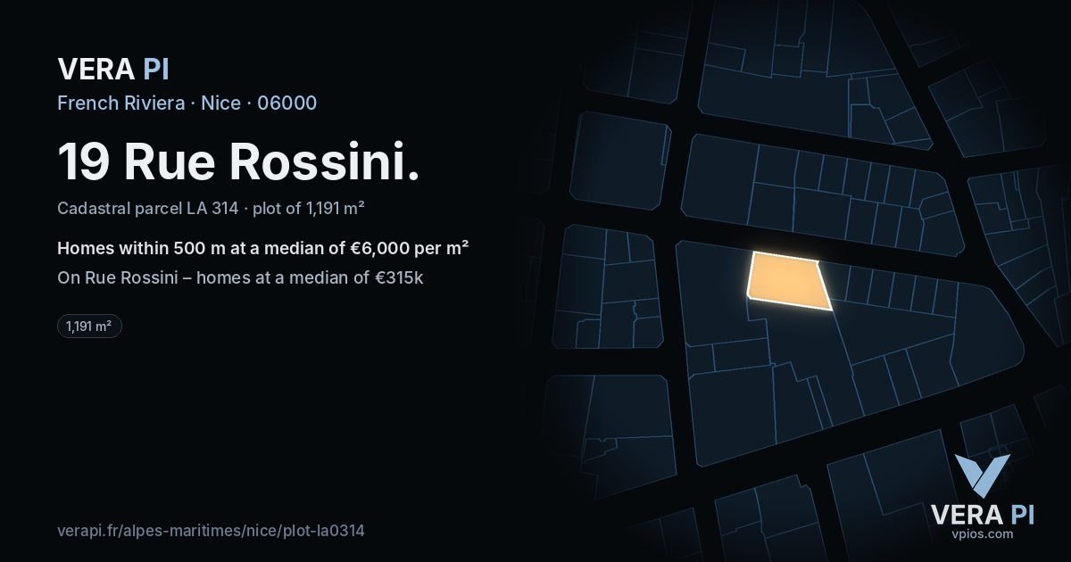 19 Rue Rossini, Nice at night – the plot lit, the parcels around coloured by the prices near them