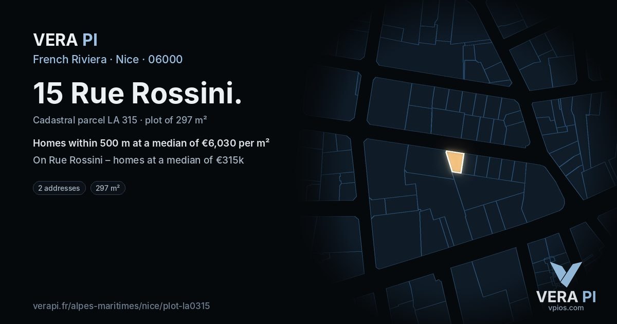 15 Rue Rossini, Nice at night – the plot lit, the parcels around coloured by the prices near them