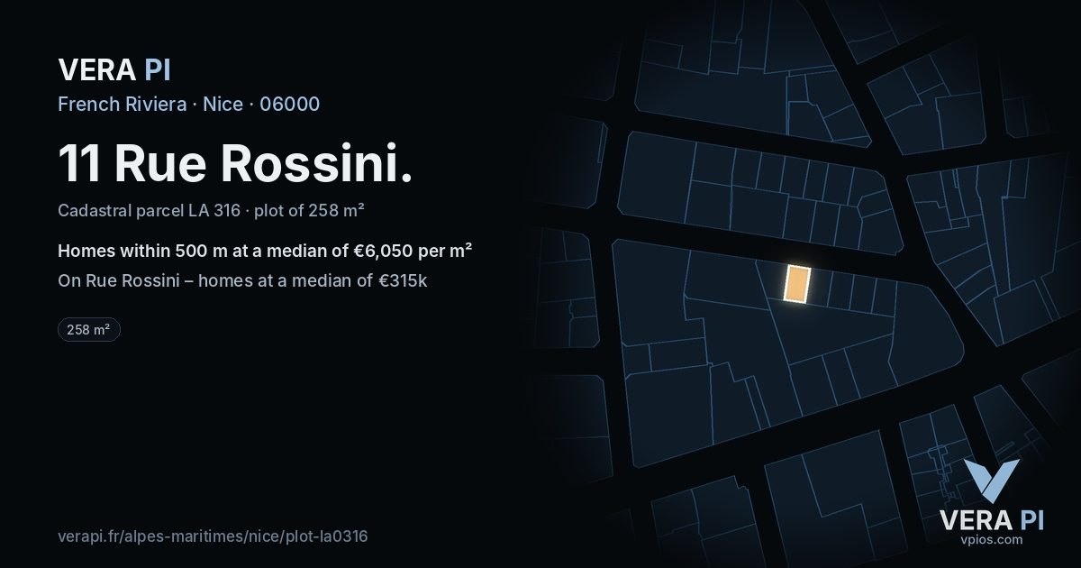 11 Rue Rossini, Nice at night – the plot lit, the parcels around coloured by the prices near them