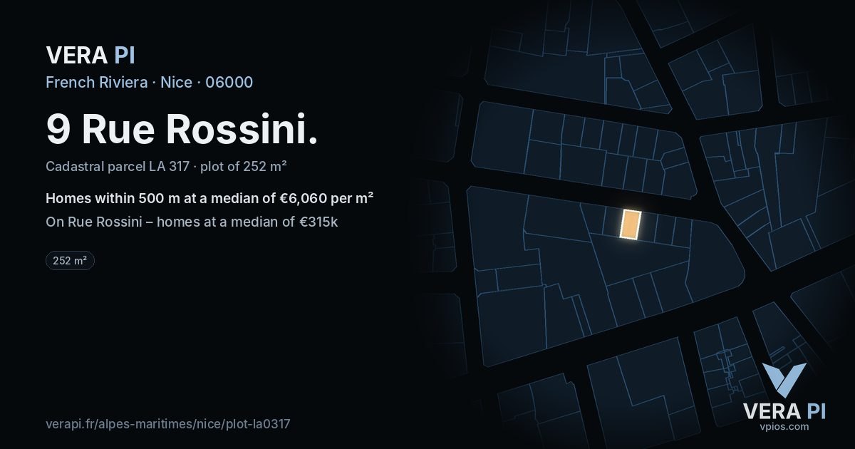 9 Rue Rossini, Nice at night – the plot lit, the parcels around coloured by the prices near them