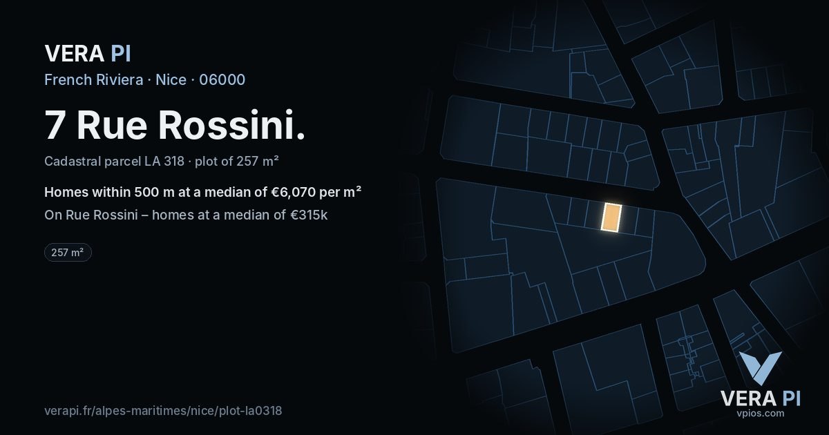 7 Rue Rossini, Nice at night – the plot lit, the parcels around coloured by the prices near them