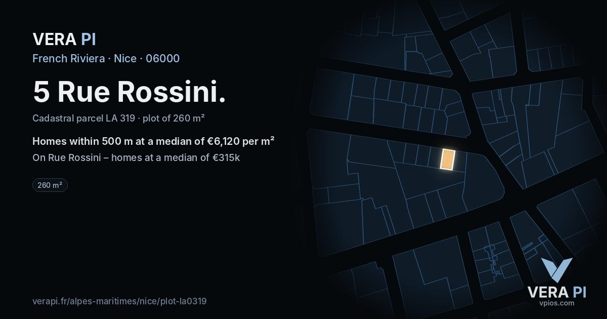 5 Rue Rossini, Nice at night – the plot lit, the parcels around coloured by the prices near them
