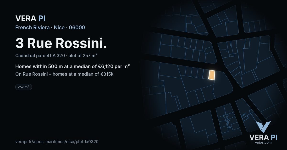 3 Rue Rossini, Nice at night – the plot lit, the parcels around coloured by the prices near them