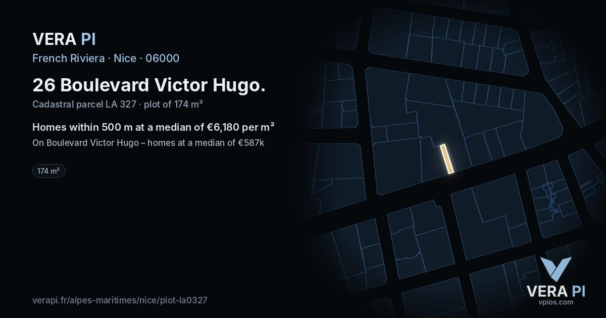 26 Boulevard Victor Hugo, Nice at night – the plot lit, the parcels around coloured by the prices near them
