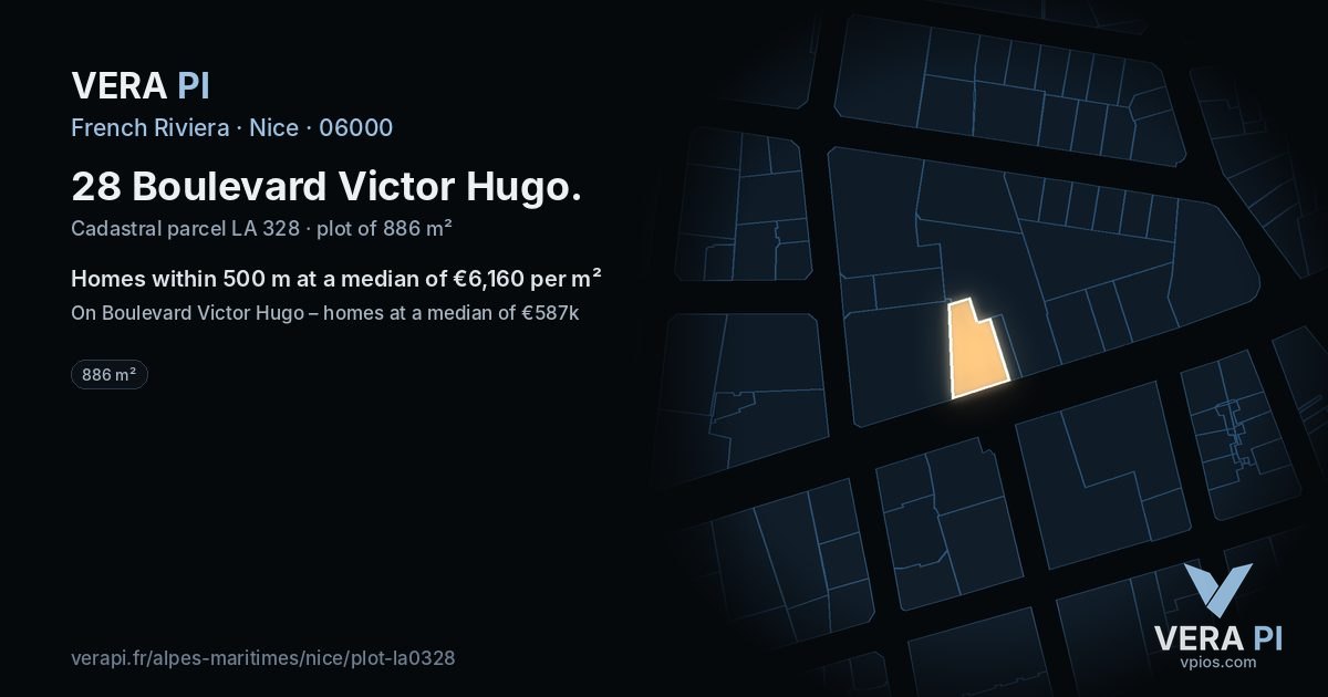 28 Boulevard Victor Hugo, Nice at night – the plot lit, the parcels around coloured by the prices near them