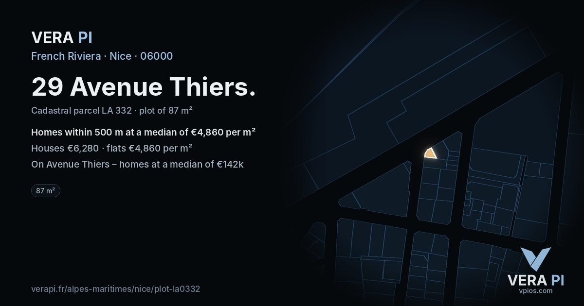 29 Avenue Thiers, Nice at night – the plot lit, the parcels around coloured by the prices near them