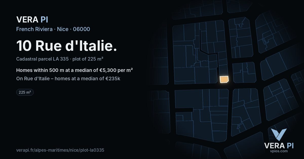 10 Rue d'Italie, Nice at night – the plot lit, the parcels around coloured by the prices near them