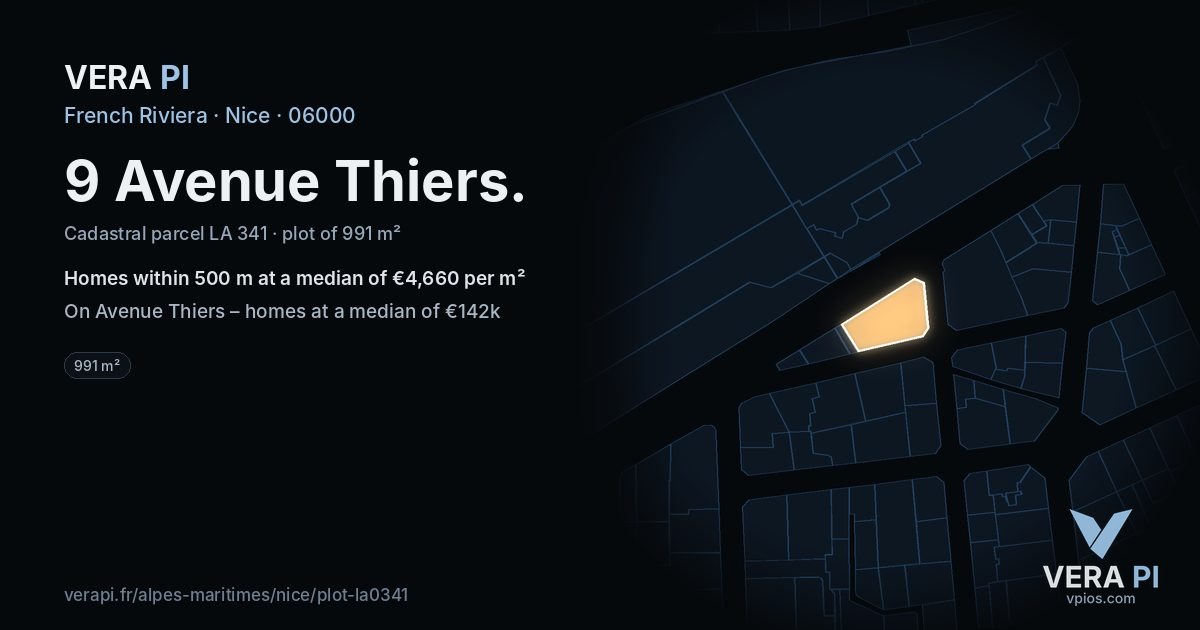 9 Avenue Thiers, Nice at night – the plot lit, the parcels around coloured by the prices near them