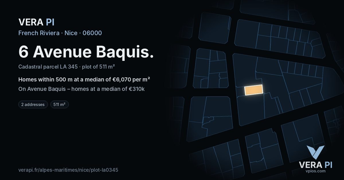 6 Avenue Baquis, Nice at night – the plot lit, the parcels around coloured by the prices near them