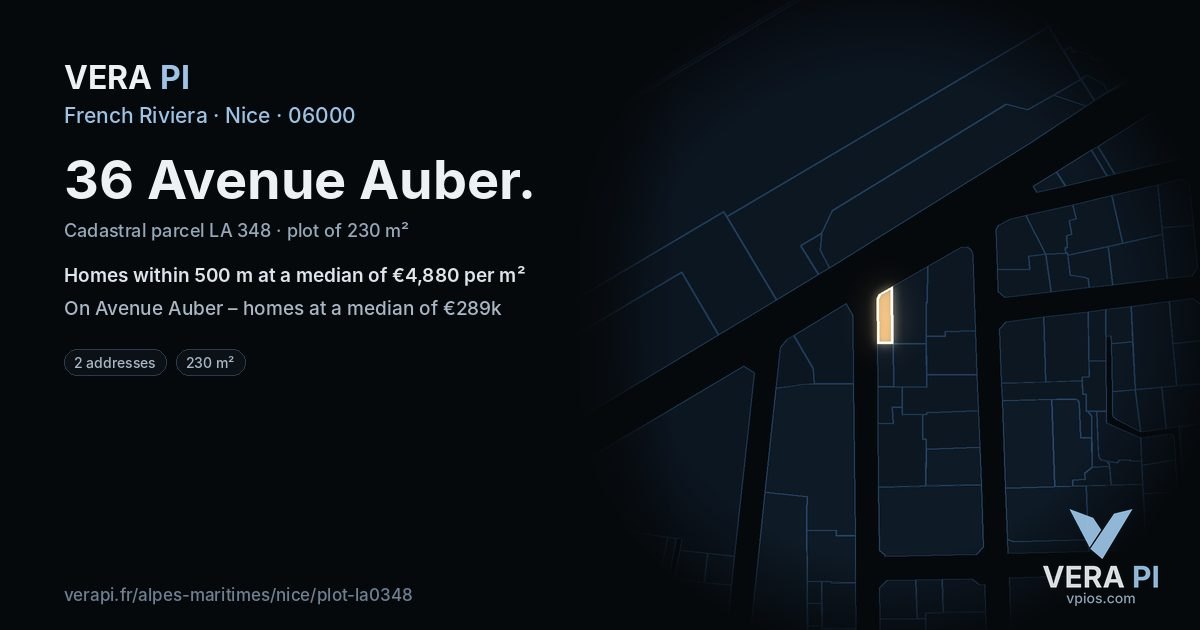 36 Avenue Auber, Nice at night – the plot lit, the parcels around coloured by the prices near them