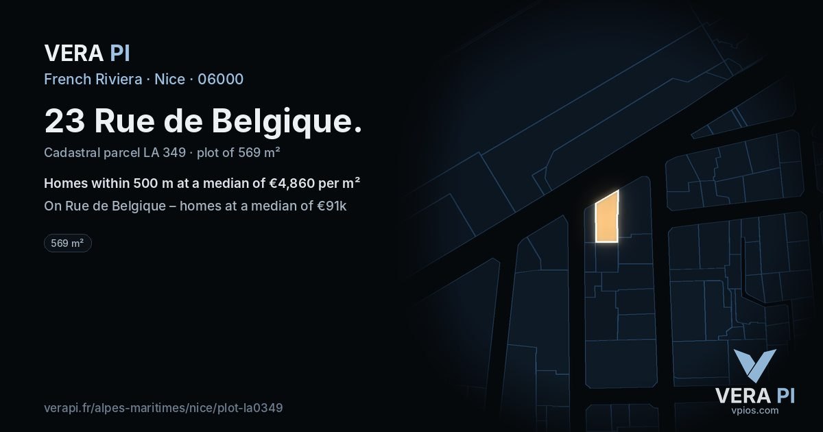 23 Rue de Belgique, Nice at night – the plot lit, the parcels around coloured by the prices near them