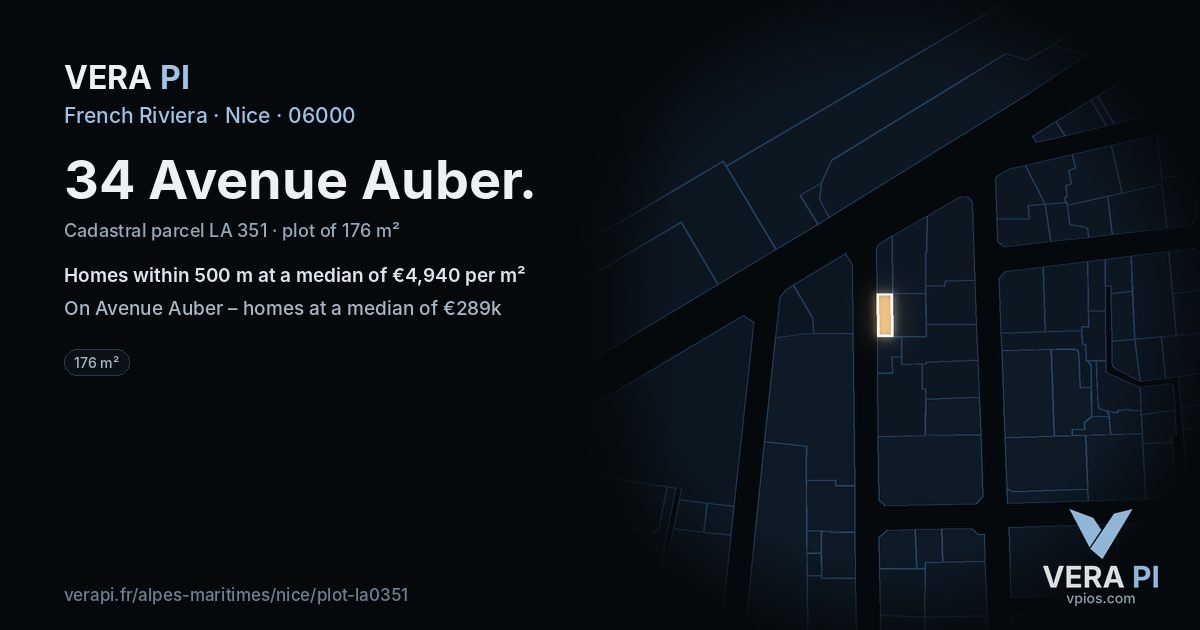 34 Avenue Auber, Nice at night – the plot lit, the parcels around coloured by the prices near them