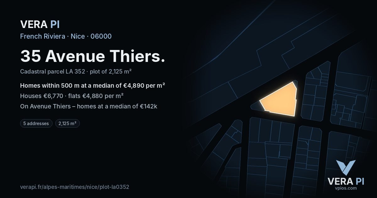 35 Avenue Thiers, Nice at night – the plot lit, the parcels around coloured by the prices near them