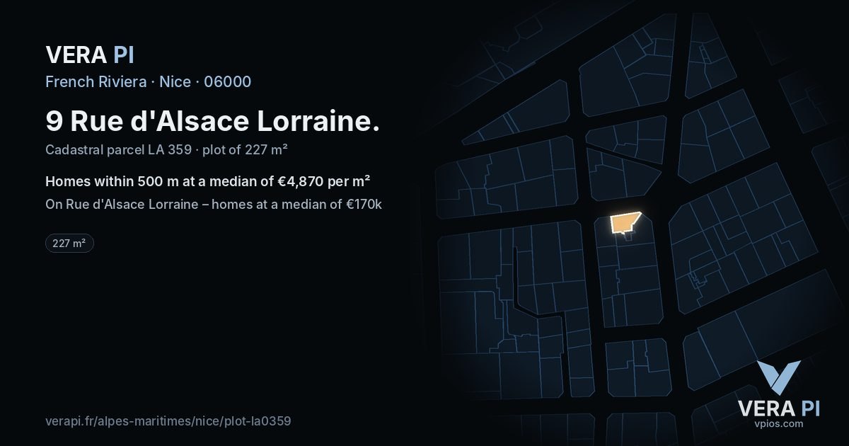 9 Rue d'Alsace Lorraine, Nice at night – the plot lit, the parcels around coloured by the prices near them
