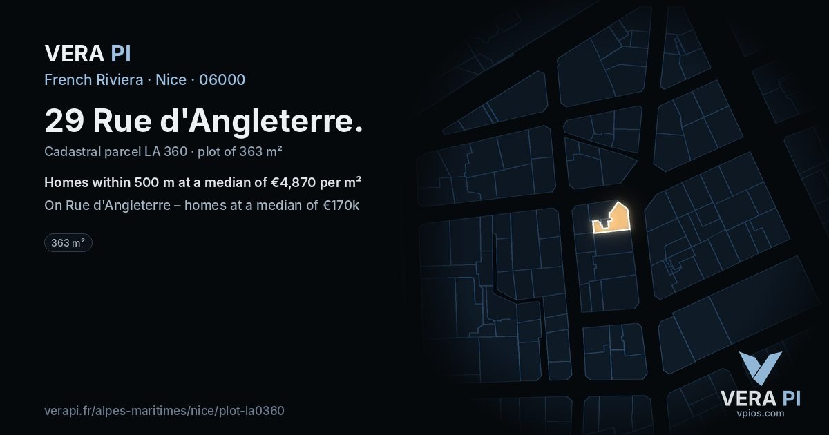 29 Rue d'Angleterre, Nice at night – the plot lit, the parcels around coloured by the prices near them