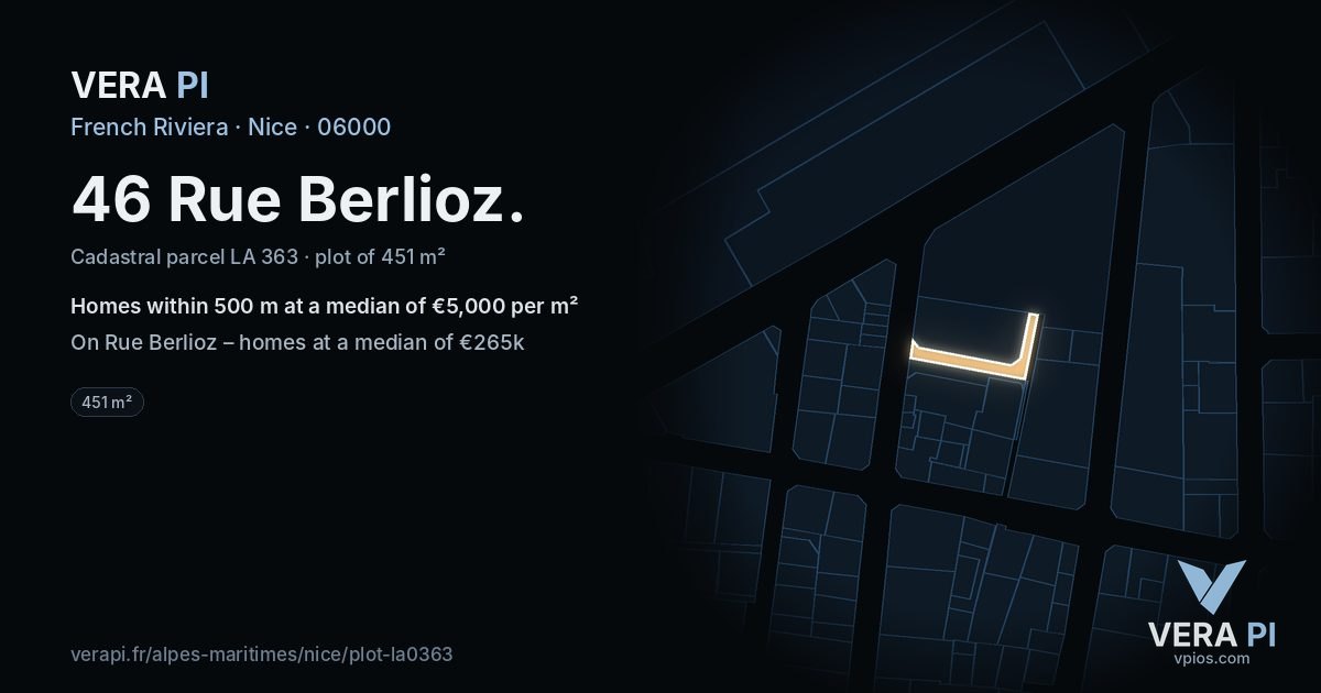 46 Rue Berlioz, Nice at night – the plot lit, the parcels around coloured by the prices near them