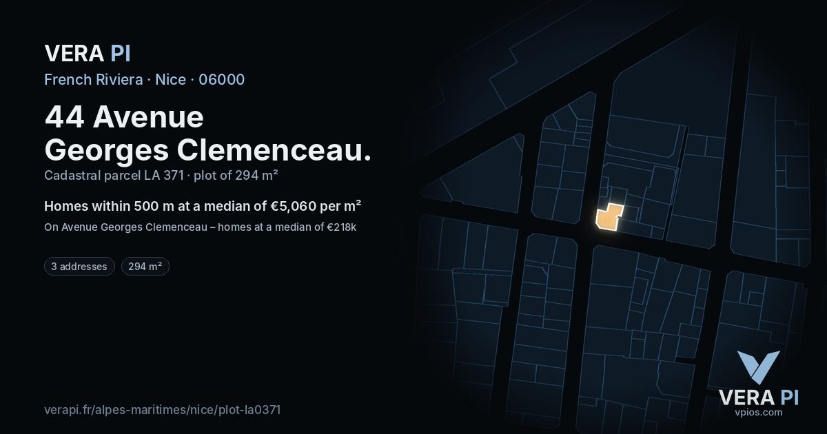 44 Avenue Georges Clemenceau, Nice at night – the plot lit, the parcels around coloured by the prices near them