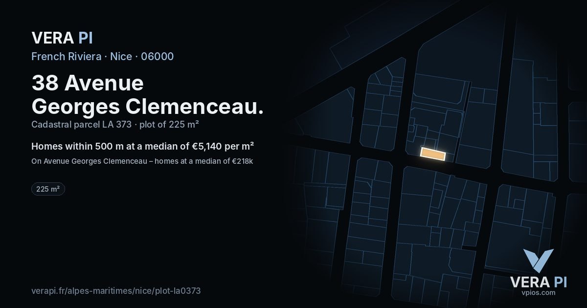38 Avenue Georges Clemenceau, Nice at night – the plot lit, the parcels around coloured by the prices near them
