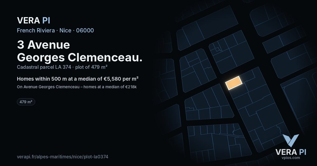 3 Avenue Georges Clemenceau, Nice at night – the plot lit, the parcels around coloured by the prices near them