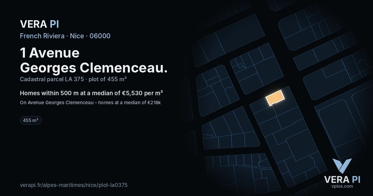 1 Avenue Georges Clemenceau, Nice at night – the plot lit, the parcels around coloured by the prices near them