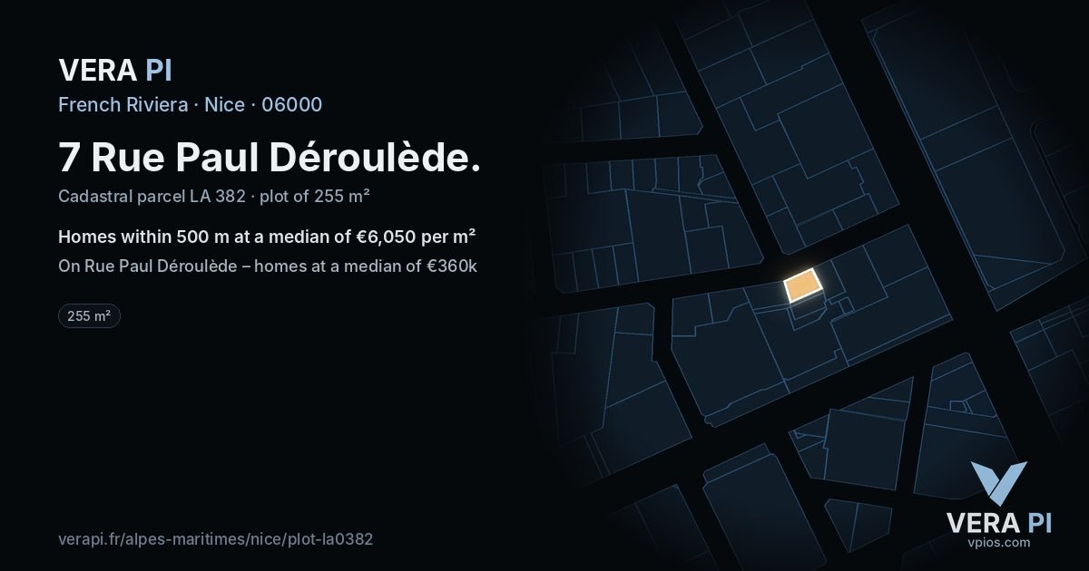 7 Rue Paul Déroulède, Nice at night – the plot lit, the parcels around coloured by the prices near them