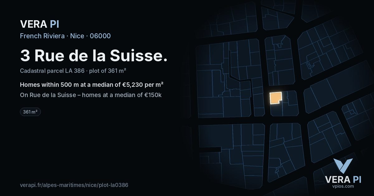 3 Rue de la Suisse, Nice at night – the plot lit, the parcels around coloured by the prices near them
